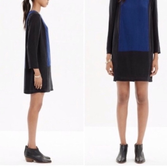 Madewell Blue and Black Colorblock Dress Back Zipper Silk Blend Small - Picture 4 of 17